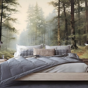 Foggy Forest Peel and Stick Wallpaper Mural, Nursery Decor, Vintage Landscape, Trees Wallpaper, Nature Wall Art
