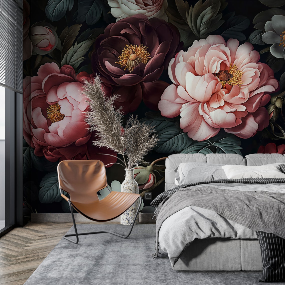 Temporary Dark Floral Wall Mural for Room Decoration, Rose Peony Wall ...