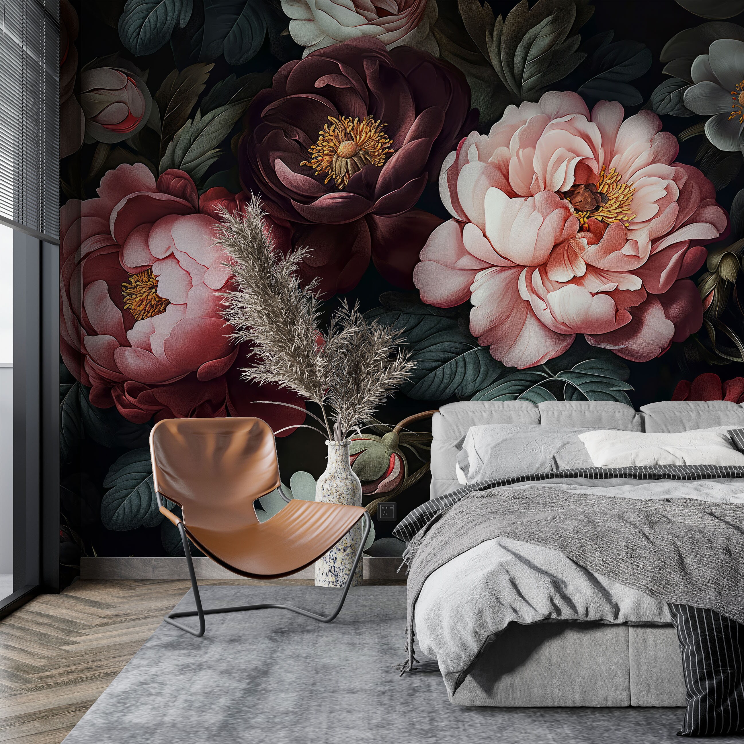 Temporary Dark Floral Wall Mural for Room Decoration, Rose Peony Wall ...