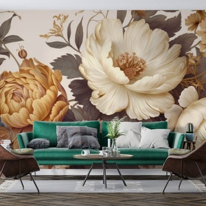 Gold Peony Wallpaper featuring Peel and Stick Watercolor Soft Floral and Peonies Blossom Wall Mura