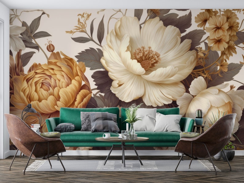 Gold Peony Wallpaper featuring Peel and Stick Watercolor Soft Floral and Peonies Blossom Wall Mura