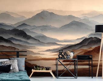Watercolor Mountain Wall Mural – Minimal Landscape Peel and Stick Removable Wallpaper