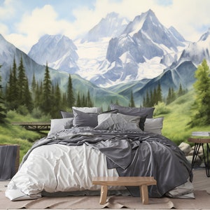 Woodland Forest Mural, Watercolor Wallpaper, Removable Peel and Stick, Bedroom Decor – Misty Pine Tree Landscape Wall Art | Removable Nature
