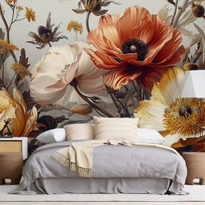 Soft Gold Beige Abstract Roses Wallpaper, Floral Wallpaper Peel and Stick, Removable Wallpaper, Watercolor Wallpaper, Flower Wallpaper Mural