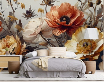 Soft Gold Beige Abstract Roses Wallpaper, Floral Wallpaper Peel and Stick, Removable Wallpaper, Watercolor Wallpaper, Flower Wallpaper Mural