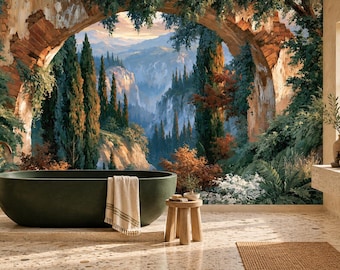 Tuscan Stone Arch Wallpaper Mural | Cypress Mountain Sunset Landscape Peel and Stick Wall Mural | Villa View Removable Wallpaper