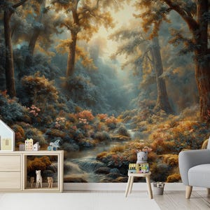 Carta da parati "Foresta da sogno" / Carta da parati "Natura da favola" / Carta da parati "Stacca e attacca" / Decorazione murale "Fiori selvatici" con ruscello panoramico