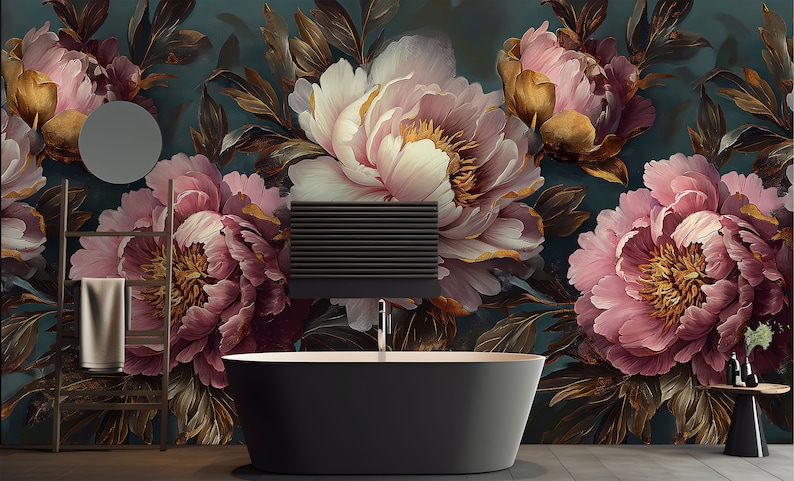 Peel and Stick Dark Floral Mural Beautiful Flowers Decor, Rose Peony ...