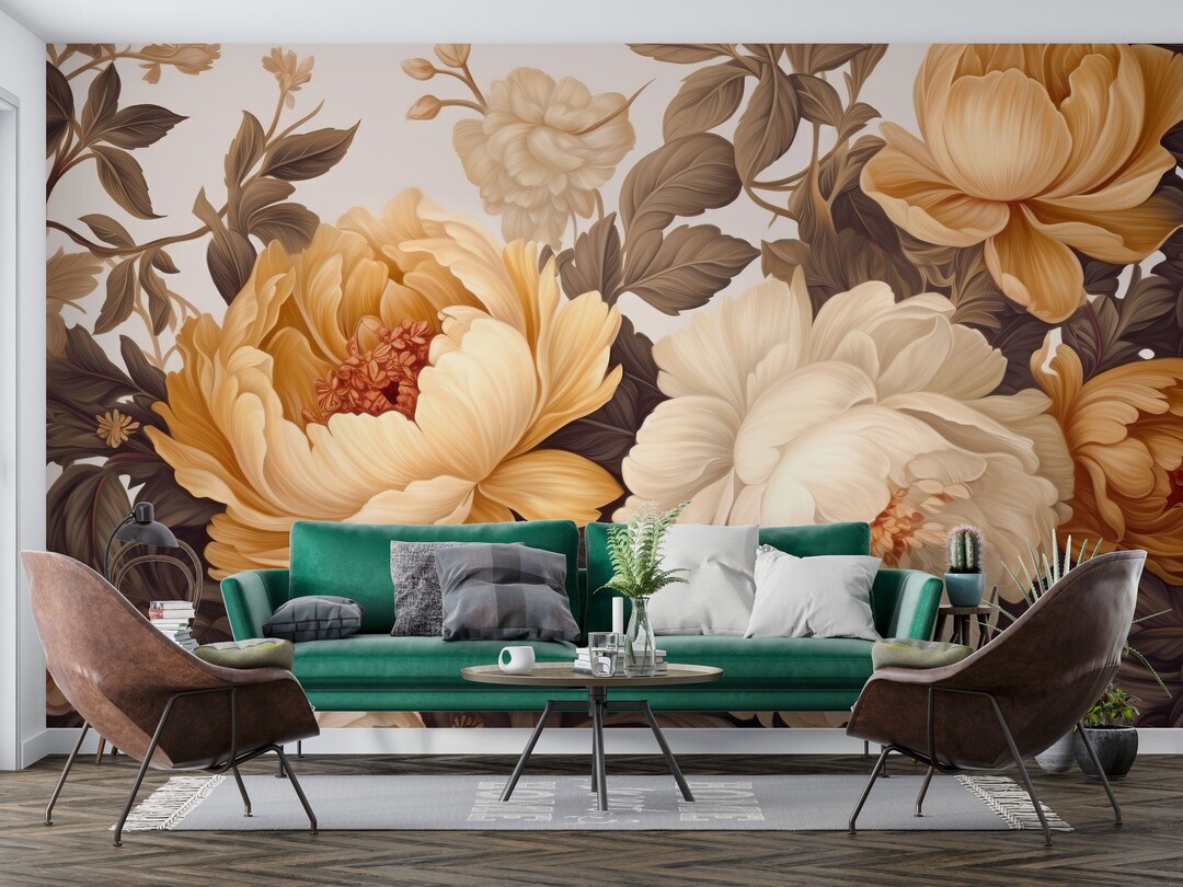Watercolor Soft Floral Wall Mural | Pastel Peony Wallpaper Peel and ...