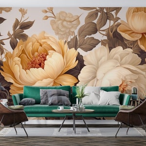 Watercolor Soft Floral Wall Mural | Pastel Peony Wallpaper Peel and Stick | Peonies Blossom