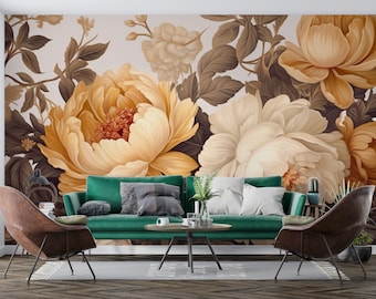 Mural de pared con motivos florales suaves en acuarela / Papel tapiz de peonías en tonos pastel despegable y adhesivo / Peonías en flor