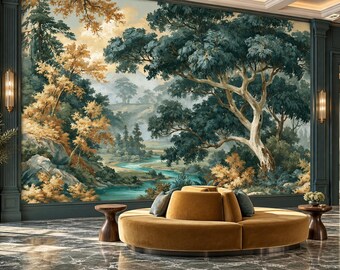 Teal Golden Woodland River Wallpaper Mural | White Trunk Tree Turquoise Peel and Stick Wall Mural | Toile Landscape Removable Wallpaper