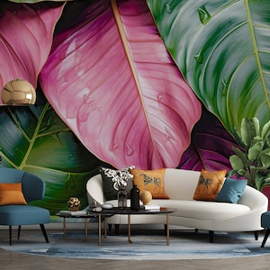 Dipinto ad acquerello di foglie Carta da parati staccabile e incollata, Esotico tropicale, Foglie di banana colorate pastello, Palma, Decorazione murale, autoadesiva