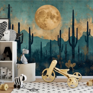 Carta da parati Golden Saguaro Cactus – Murale staccabile e attaccabile con deserto illuminato dalla luna e stelle – Arte murale rimovibile in tessuto non tessuto per stile boho
