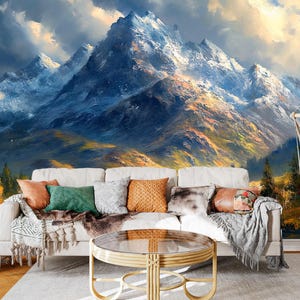 Snowy Mountain and River Landscape Wallpaper – Peel and Stick Scenic Nature Mural for Home or Office