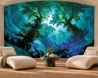 Turquoise Emerald Kelp Forest Wallpaper Mural | Glowing Underwater Peel and Stick Wall Mural | Sea Forest Removable Wallpaper