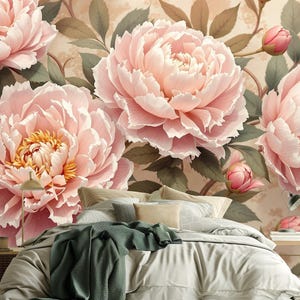 Vintage Peony Wallpaper - Elegant Floral Mural, Soft Pink Botanical Wall Art for Bedroom, Living Room, Dining Room Decor