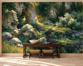 Sunlit Garden Ruins Wallpaper Mural | Green Woodland Olive Tree Peel and Stick Wall Mural | Romantic Ruins Removable Wallpaper