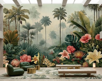 Carta da parati murale con foresta pluviale tropicale, carta da parati staccabile e adesiva, decorazione per cameretta dei bambini, stampa botanica