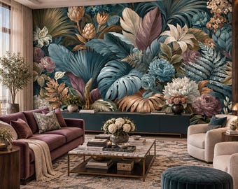 Teal Mauve Tropical Floral Wallpaper Mural | Champagne Leaf Fern Peony Peel and Stick Wall Mural | Maximalist Jewel Tone Removable Wallpaper