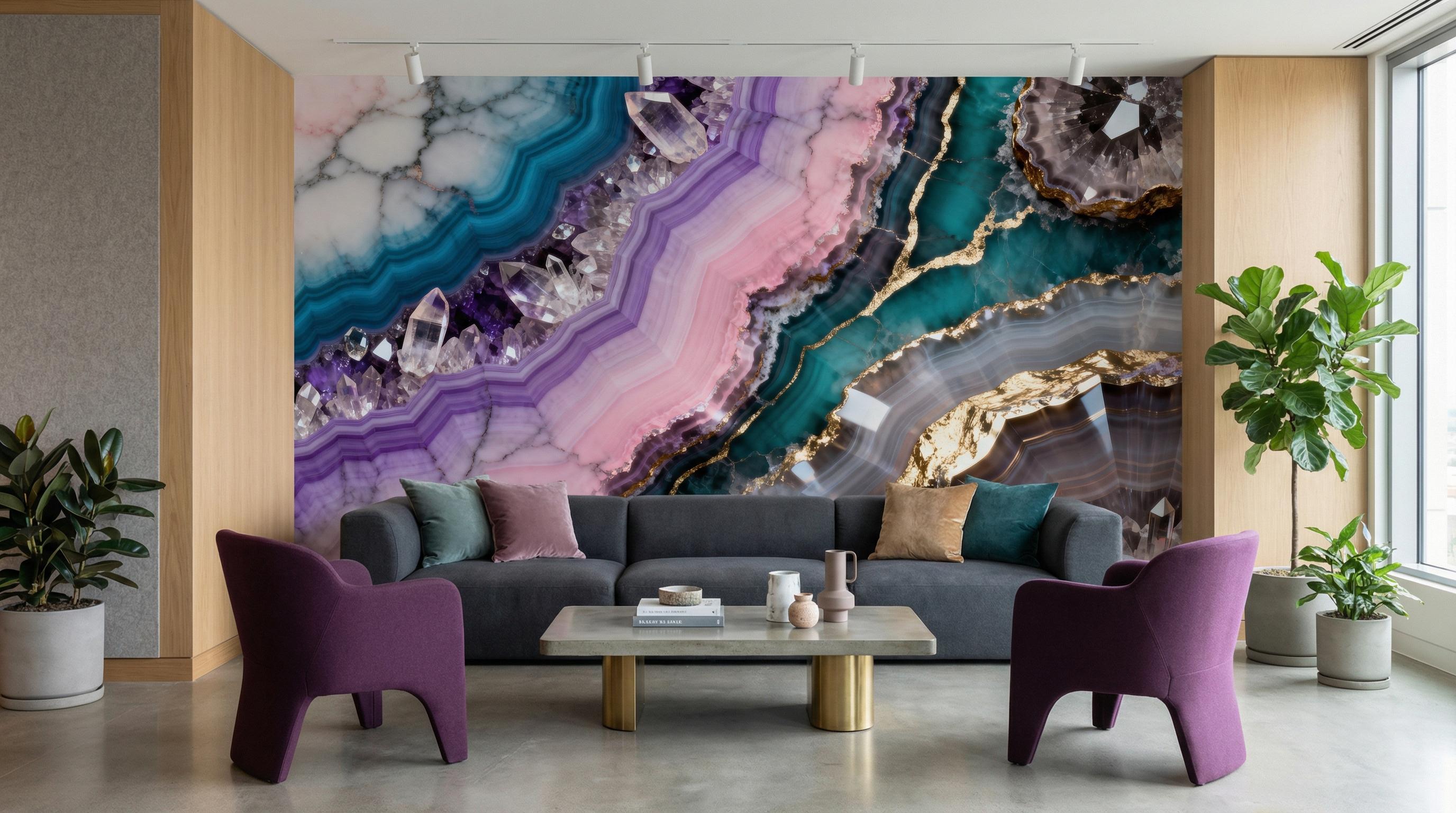 Teal Purple Geode Wallpaper, Amethyst Crystal Mural, Gold Agate Peel ...