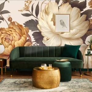 Gold Peony Wallpaper featuring Peel and Stick Watercolor Soft Floral and Peonies Blossom Wall Mura