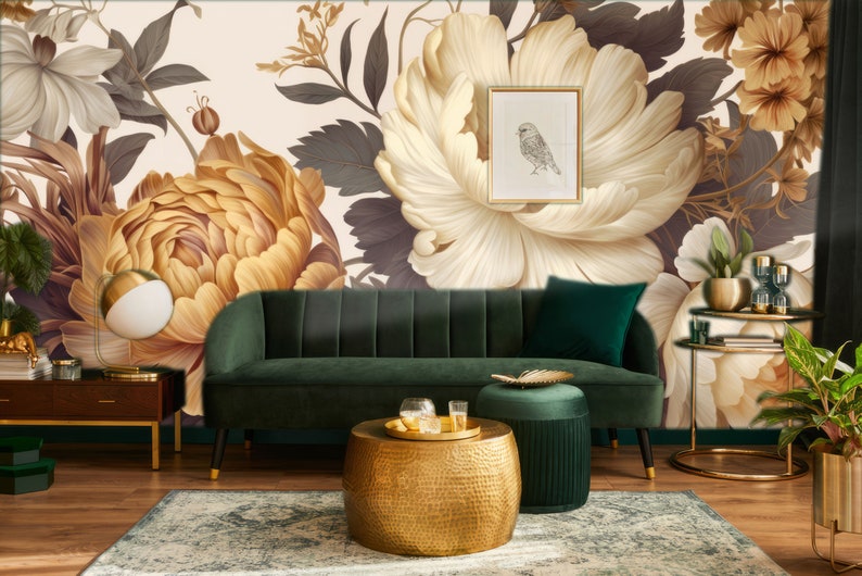 Gold Peony Wallpaper featuring Peel and Stick Watercolor Soft Floral and Peonies Blossom Wall Mura