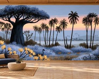 Blue Baobab Palm Sunset Wallpaper Mural | Safari Landscape Peel and Stick Wall Mural | Navy Peach Savanna Removable Wallpaper