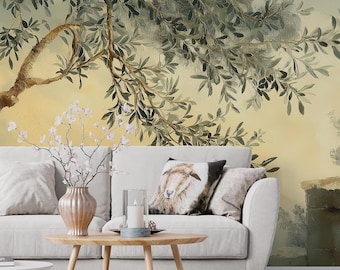 Mural de papel pintado de olivos – Arte mural mediterráneo, mural de paisaje vintage
