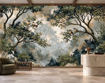 Woodland Songbird Wallpaper Mural | Sage Gold Tree Champagne Mist Peel and Stick Wall Mural | Quiet Luxury Removable Wallpaper