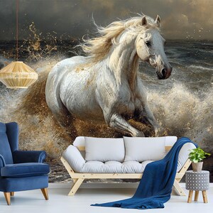 Non-woven wallpaper showcasing a powerful white horse galloping through water, with detailed splashes and a dramatic backdrop, ideal for creating an energetic and captivating focal point in any room