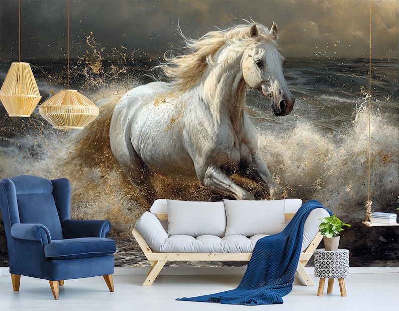 Non-woven wallpaper showcasing a powerful white horse galloping through water, with detailed splashes and a dramatic backdrop, ideal for creating an energetic and captivating focal point in any room