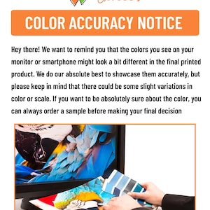 May include: A computer screen displaying a colorful image of a parrot. A person is holding a color swatch book and comparing the colors to the image on the screen. The text on the screen reads "COLOR ACCURACY NOTICE".