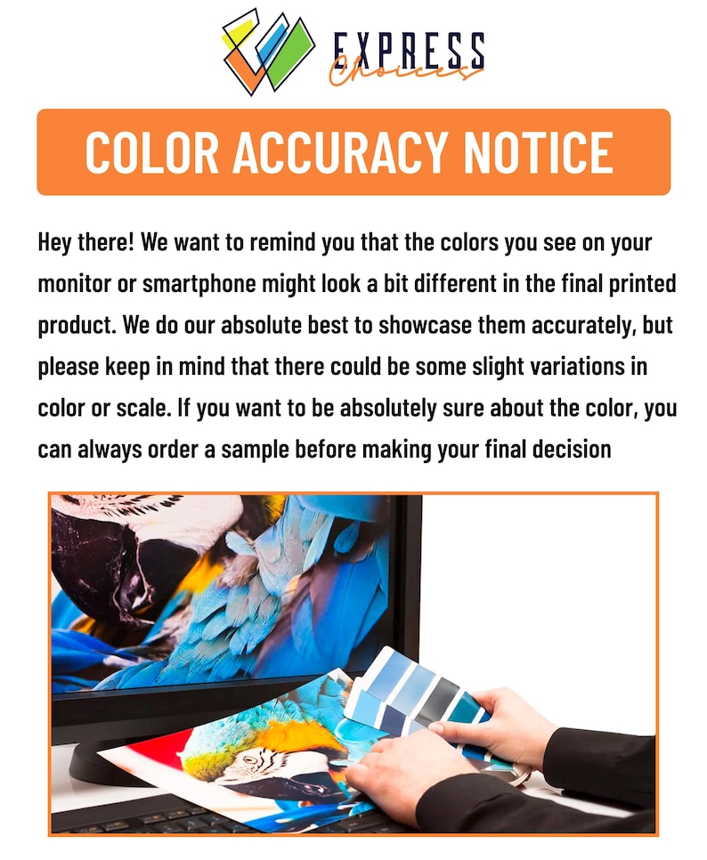 May include: A computer screen displaying a colorful image of a parrot. A person is holding a color swatch book and comparing the colors to the image on the screen. The text on the screen reads "COLOR ACCURACY NOTICE".