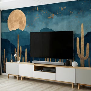 Carta da parati adesiva e staccabile con cactus del deserto della notte stellata – murale rimovibile in tessuto non tessuto con cactus saguaro e luna piena