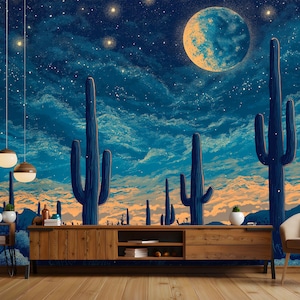 Carta da parati adesiva e staccabile Full Moon Desert Cactus – Murale rimovibile in tessuto non tessuto con sagome di saguaro e cielo di mezzanotte – Ideale per cowboy