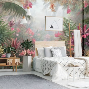Vibrant Tropical Forest Painting Wall Mural Featuring Towering Palm Trees, A Variety of Pink Flowers Peel and Stick Wallpaper