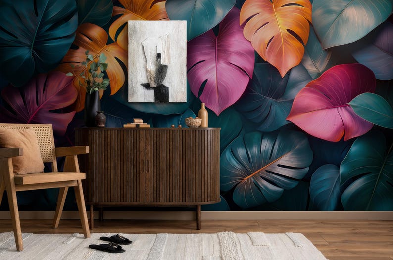 Colorful Monstera Leaf Wall Mural – Tropical Peel & Stick Wallpaper for ...