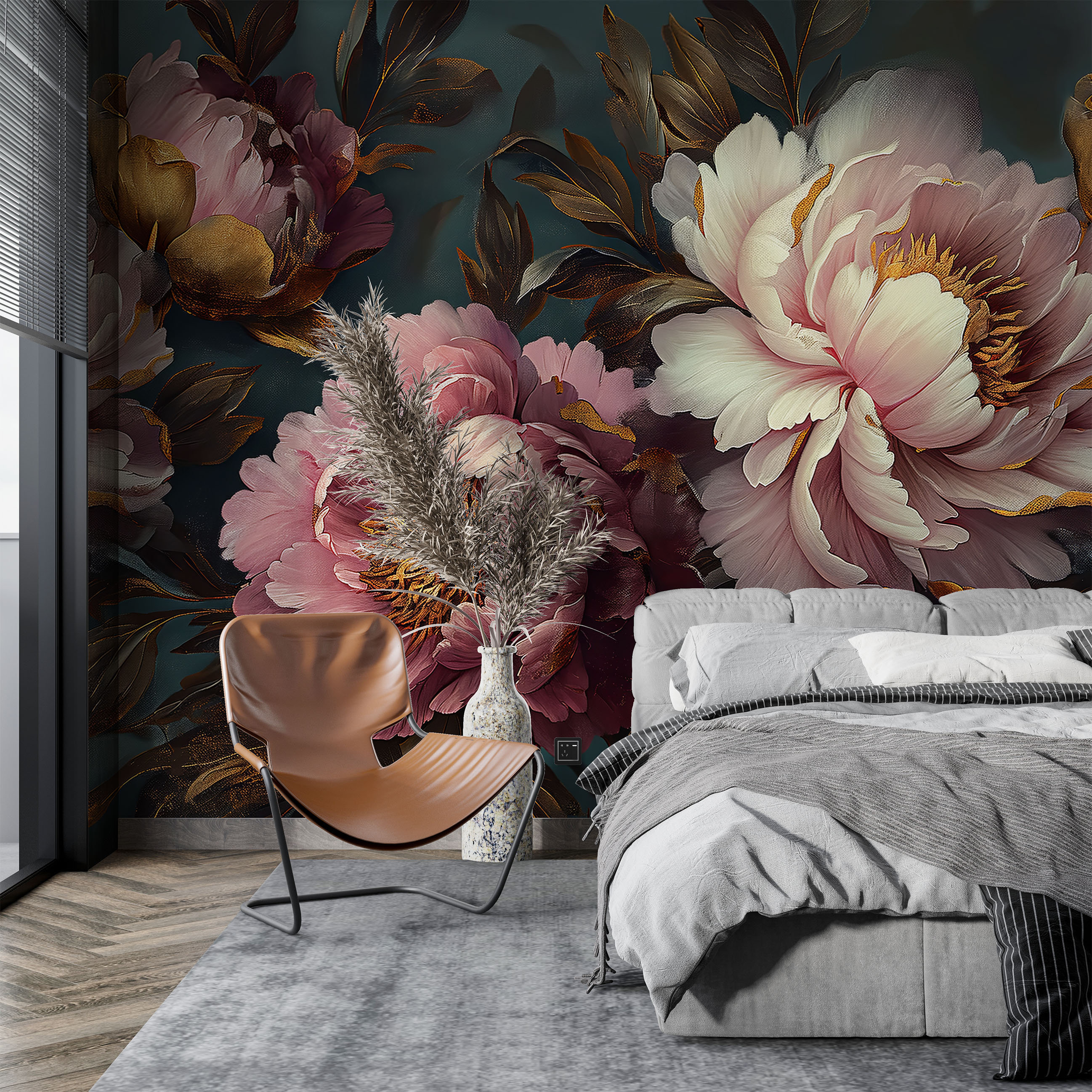 Peel and Stick Dark Floral Mural Beautiful Flowers Decor, Rose Peony ...