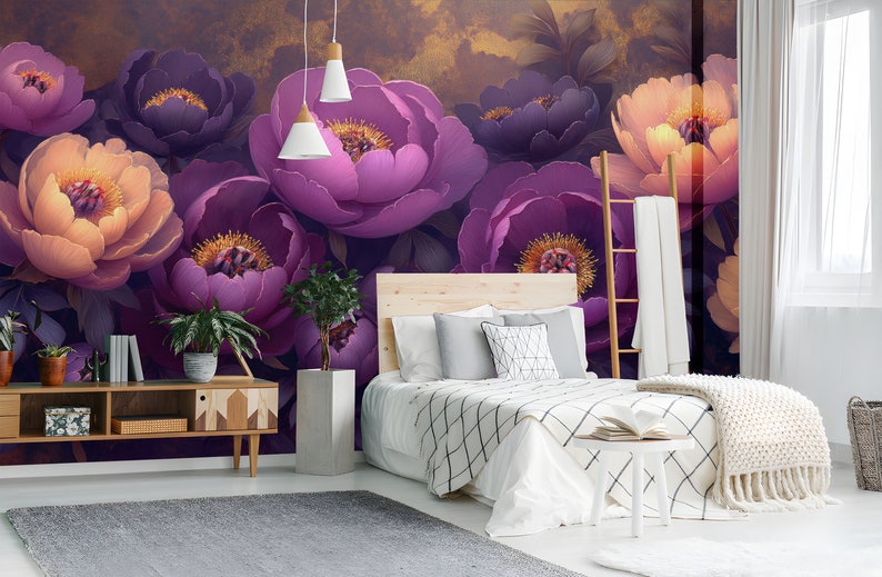 Elegant Floral Peonies Wallpaper - Abstract Purple and Peach Flower ...