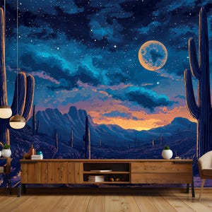 Papel de Parede Noite no Deserto do Sudoeste – Mural Autoadesivo com Cacto Saguaro, Lua Cheia e Céu Estrelado – Arte de Parede Removível em Tecido Não Tecido