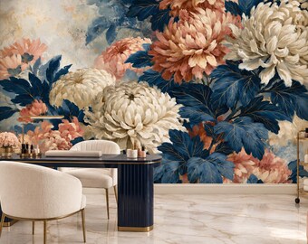 Peach Ivory Chrysanthemum Wallpaper Mural | Navy Leaf Gold Vein Peel and Stick Wall Mural | East Asian Floral Removable Wallpaper