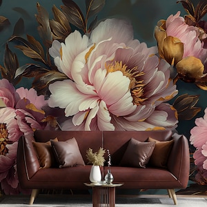 Peel and Stick Dark Floral Mural Beautiful Flowers Decor, Rose Peony ...