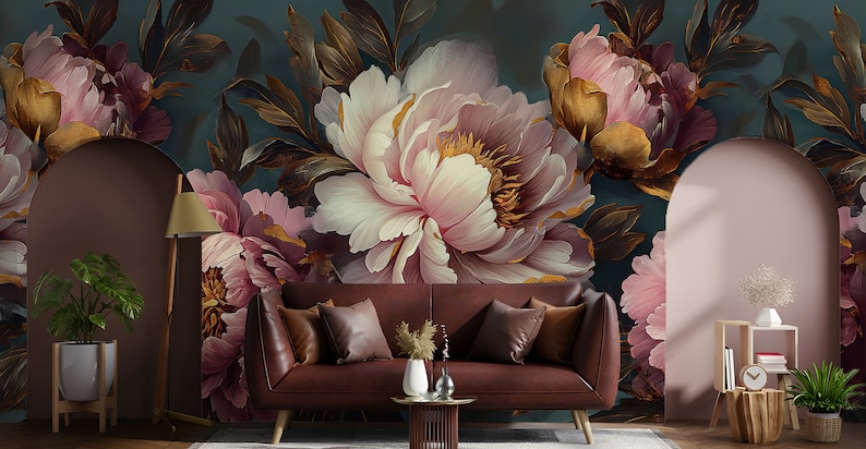 Peel and Stick Dark Floral Mural Beautiful Flowers Decor, Rose Peony ...