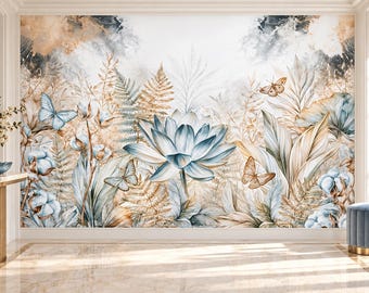 Blue Gold Lotus Flower Wallpaper Mural | Butterfly Pond Peel and Stick Wall Mural | Asian Floral Removable Wallpaper