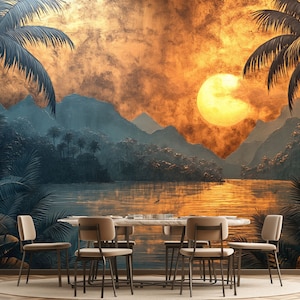 Carta da parati murale con paesaggio tropicale al tramonto dipinta a mano, palme acquerellate con Gold Lake, carta da parati con sagome di montagne in tessuto non tessuto per inquilini