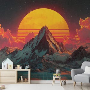May include: A vibrant wall mural featuring a retro-style mountain landscape with a large yellow sun and red clouds. The scene includes snow-capped mountains, a grid-like foreground, and a starry sky. The mural is displayed in a room with a gray armchair and a wooden cabinet.