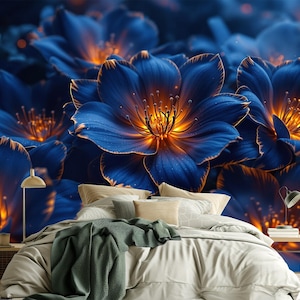 Luxury Flower Wallpaper - Deep Blue & Gold Floral Mural, Radiant Botanical Wall Art for Bedroom, Nursery, Accent Walls