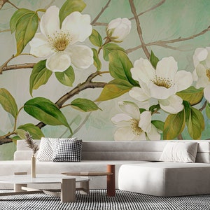 Watercolor Eucalyptus Leaf Wallpaper Peel and Stick Soft Green Leaves Wall Mural, Gold Leaf Wallpaper Peel & Stick