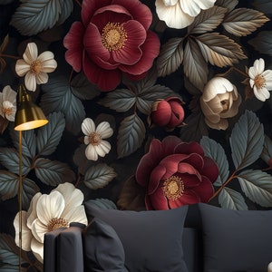 Beautiful Flowers Wallpaper Dark Floral Room Wall Decor Peel and stick Mural